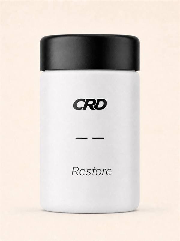 Matte white Restore prototype bottle with a black cap.